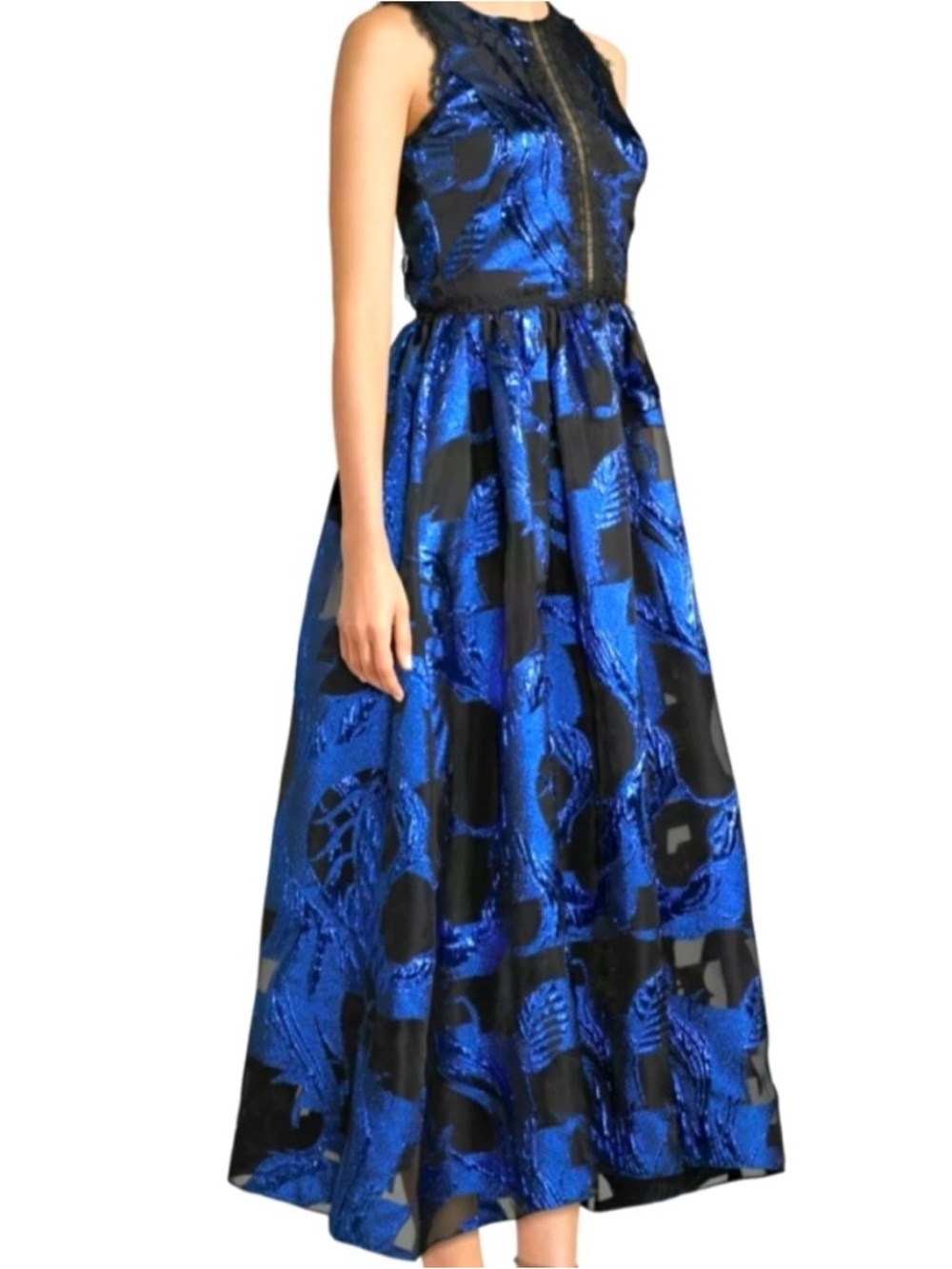 Marchesa Blue and Black Sleeveless Midi Evening Dress with cutout in back.